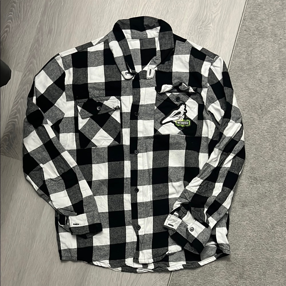 Black and White Beetlejuice Checkered Button-Up Shirt
